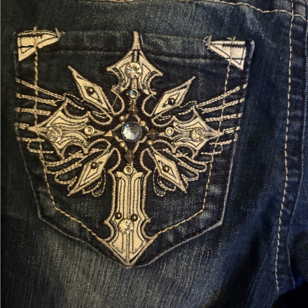 Embroidered Cross Design Denim Jeans